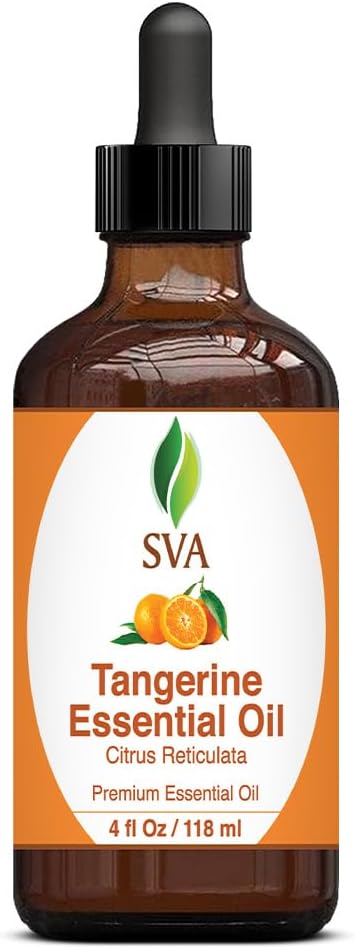 SVA Tangerine Essential Oil – 4 Fl Oz – 100% Natural Tangerine Oil - for Diffuser, Hair Care, Face, Skin Care, Aromatherapy, Scalp and Body Massage, Soap and Candle Making – with Dropper