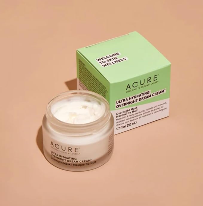 Acure Ultra Hydrating Overnight Dream Cream - All Night Booster Mask for Dry Skin - Made with Melatonin & Hemp Seef Oil Extract for Intense Moisture - 1.7 Fl Oz