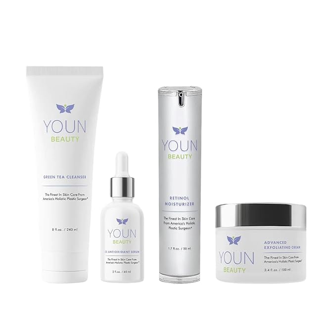 YOUN Beauty 2 Minutes 5 Years Younger Skin Care System by Dr. Anthony Youn – Anti-Aging Skincare Set: Vitamin C Serum, 2.5% Retinol Moisturizer, Green Tea Facial Cleanser & Wash-Off Exfoliating Cream