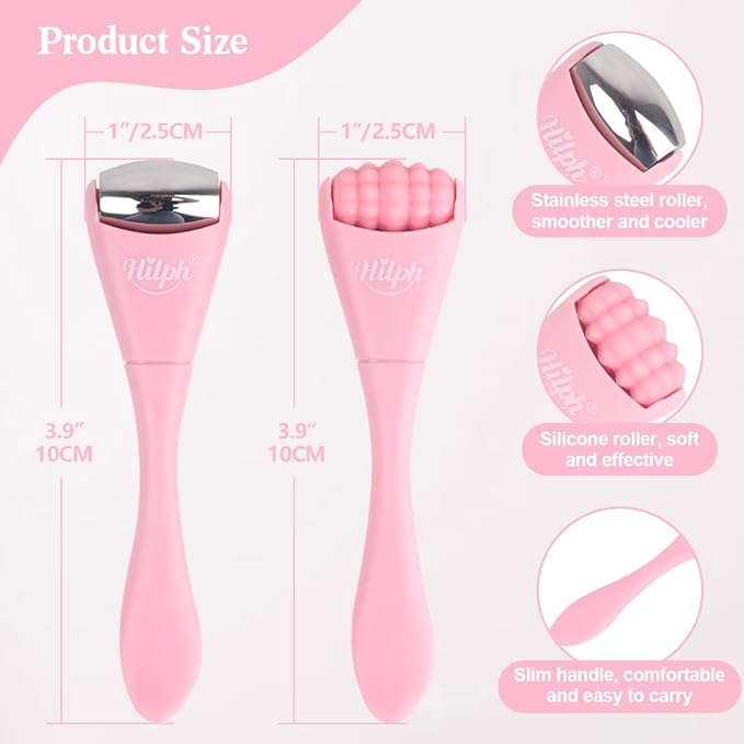 Hilph Mini Ice Roller for Face & Eyes, Face Eye Massager Roller Set with Stainless Steel and Silicone Head for Puffiness Relief, Metal Facial Ice Roller for Puffy Eyes, Reduce Fine Lines (Pink)