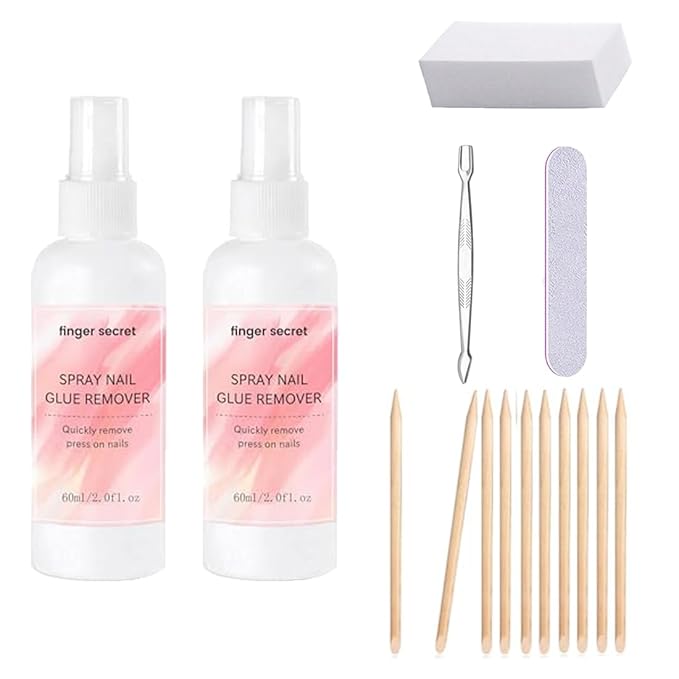 Nail Glue Remover 4oz for Press On Nails,Easily Remove Fake Nail Tips Gel x Nails Spray Remover Solid Nail Glue Remover Kit with Cuticle Pusher,10 PCS Orange Wood Sticks for Nails Nail Salon