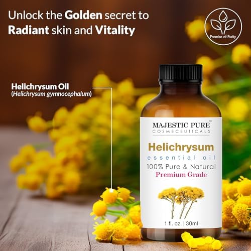 Majestic Pure Helichrysum Essential Oil | 100% Pure and Natural Helichrysum Oil | Premium Grade Essential Oils for Hair Care, Home Diffusers, Skin, Aromatherapy, Massage and Humidifiers | 1 Fl Oz