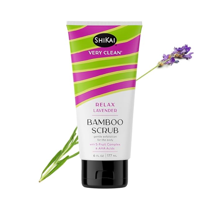 ShiKai Very Clean Bamboo Body Scrub (Relax Lavender, 6 oz) | Gentle Hydrating & Exfoliating Skin Cleanser | With 5 Fruit Complex & AHA Acids