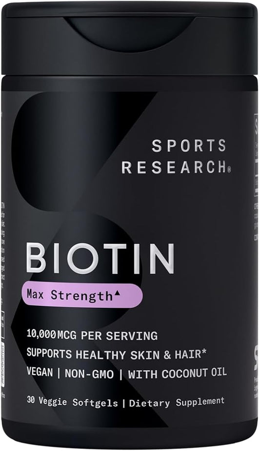 Sports Research® Biotin 10,000mcg with Organic Coconut Oil - Biotin (Vitamin B7) for Healthy Skin and Hair Support* - for Women and Men - Vegan, Non-GMO, Gluten & Soy-Free - 30 Veggie Softgels