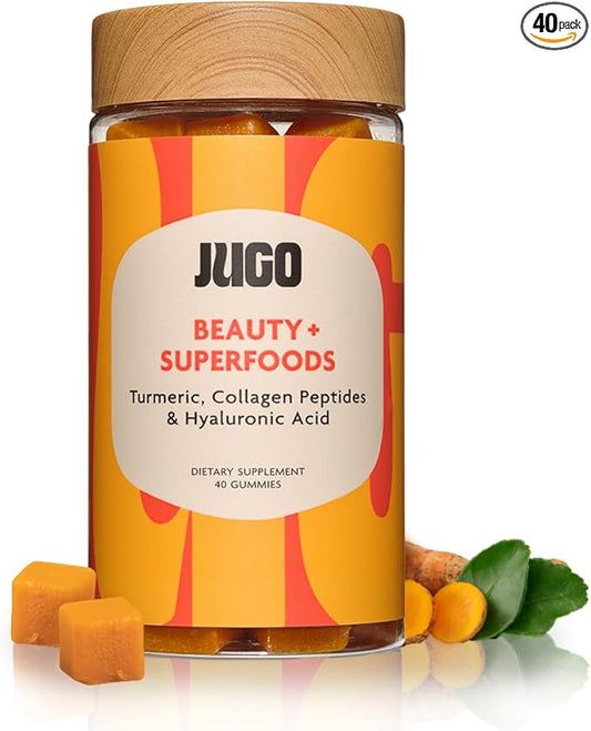 JUGO Beauty + Superfood Gummies | Biotin Collagen for Hair, Skin, and Nails | Biotin 2500 mcg & Hyaluronic Acid | 40 Count | Gelatin-Free, Non-GMO