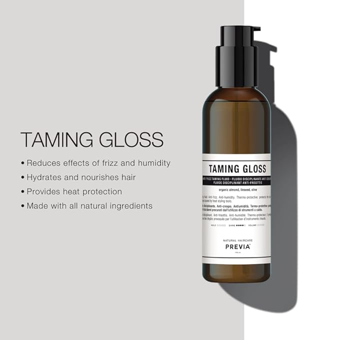 PREVIA Taming Gloss Anti-Frizz Hair Serum - Thermal Protection with Organic Almond Vegan - Moisturizing Formula for Smooth Shiny Hair – Heat Protectant Glossifying Serum for Frizzy Hair - 6.7 oz