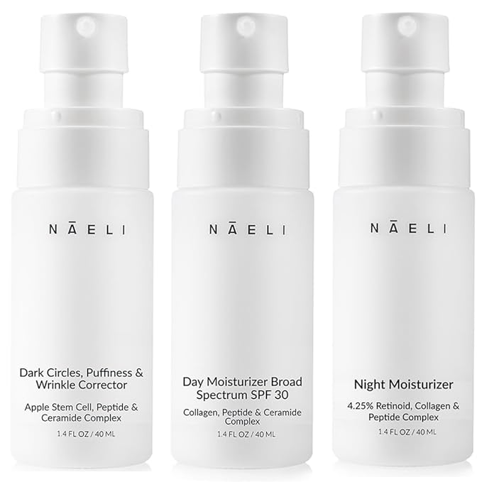 NAELI Moisturizer Skincare Collection (3-count) Anti Aging Retinol Cream + Collagen SPF 30 + Apple Stem Cell Eye Cream