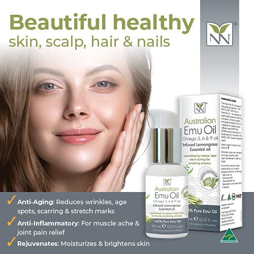 Y-Not Natural Ultra Pure Australian Emu Oil - Luxury, Hospital Grade Emu Oil 60 mL | Free Range Aboriginal Omega 3, 6 & 9 Oil Infused with Lemongrass - The Ultimate Moisturizer for Skin, Hair, Nails, and Scalp