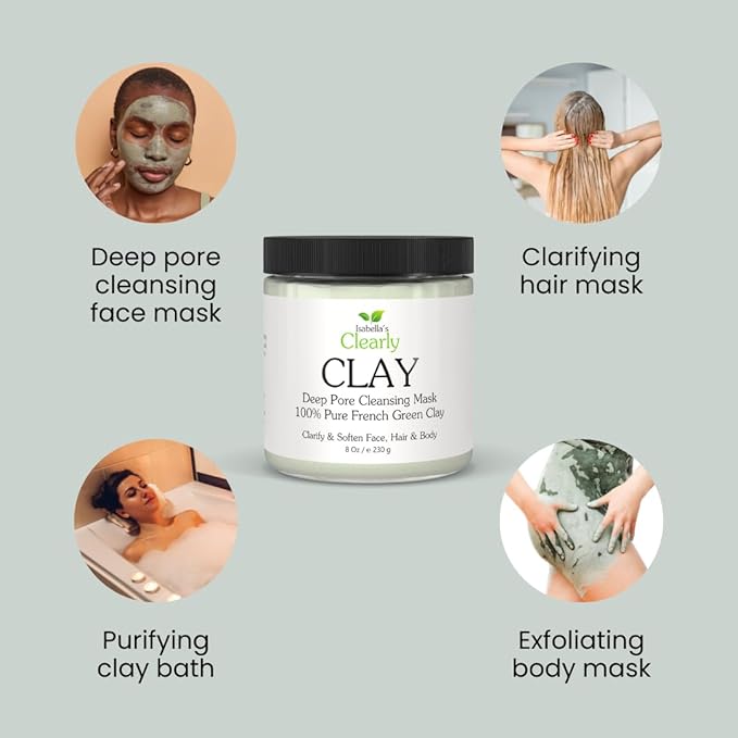 Deep Pore Cleansing French Green CLAY for Face, Body, Skincare | Natural Hydrating Facial Mask for Blackheads and Pores + Body Mask + Clarifying Hair Mask (Bulk 8 Oz + Applicator Brush)