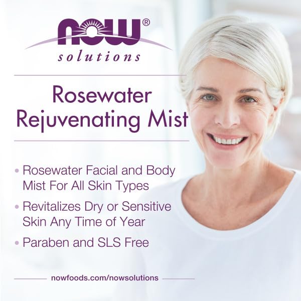 NOW Foods Solutions Rosewater Rejuvenating Mist, Hydration and Rejuvenation Spray for All Skin and Hair Types, 4-Ounce