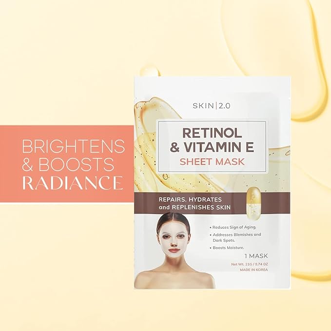 Retinol & Vitamin E Sheet Mask - Anti-Aging, Acne Scar & Hyperpigmentation - Hydrating, Dermatologist Tested Korean Skincare - Clean Beauty, Cruelty-Free, All Skin Types - 5 Masks