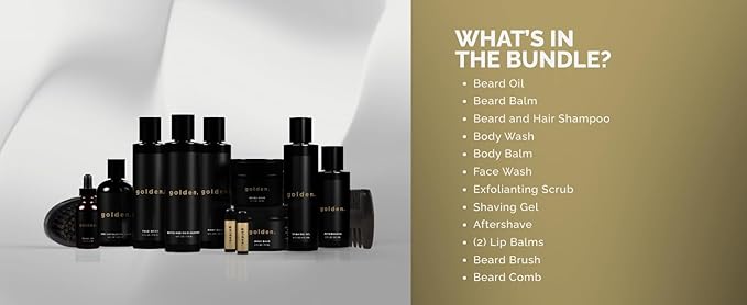 Golden Grooming Co. Complete Men's Grooming Gift Set - Beard Oil, Face & Body Wash, Shampoo, Balms, Moisturizer, Scrub & More