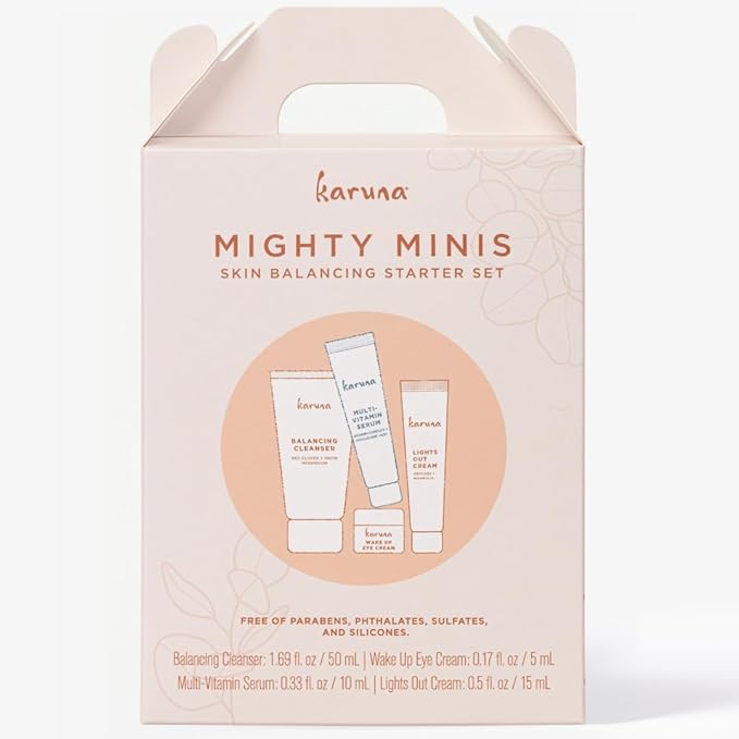Karuna Mighty Minis, Skin Balancing Starter Set | Includes: Balancing Cleanser 1.69oz/50ml, Wake Up Eye Cream 0.17oz/5ml, Multi-Vitamin Serum 0.33oz/10ml & Lights Out Cream 0.5oz/15ml