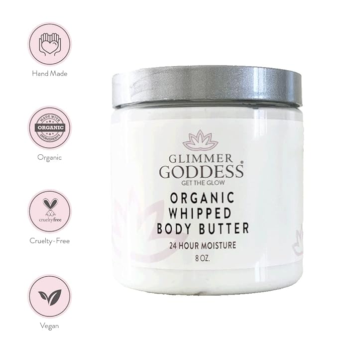 GLIMMER GODDESS Organic Whipped Body Butter - White Ginger & Amber, Vegan, 24 Hr Hydration, Less Stretch Marks, All Skin Types, Child-Safe, Organic, 8 oz