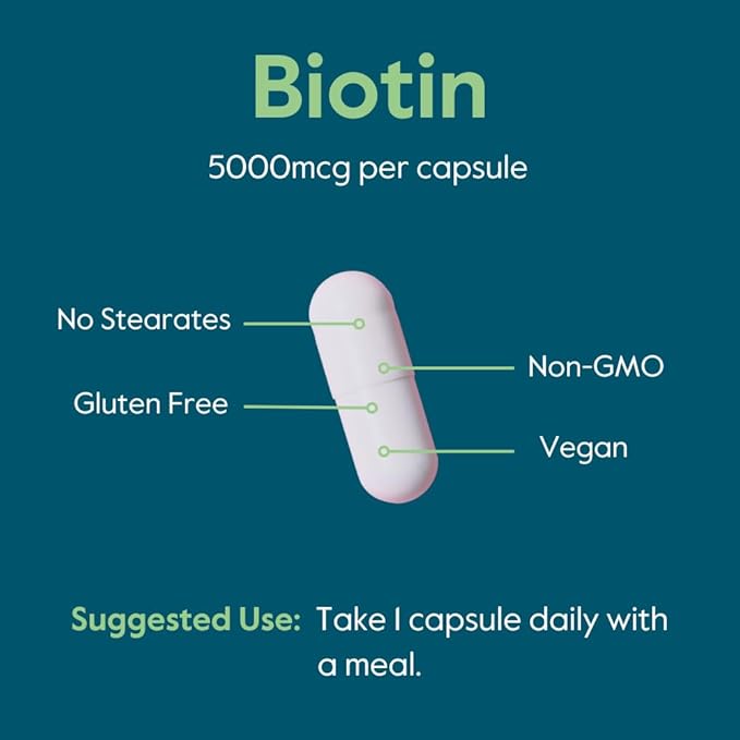 BESTVITE Biotin 5000mcg (120 Vegetarian Capsules) - No Stearates - No Flow Agents - Vegan - Non GMO - Gluten Free - Hair, Skin, Nails