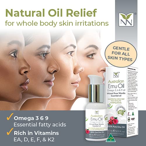 Y-Not Natural Ultra Pure Australian Emu Oil - Luxury Emu Oil 60 mL - Free Range Aboriginal Omega 3, 6 & 9 Infused with Rose Wardia - The Ultimate Moisturizer for Skin, Hair, Nails, and Scalp