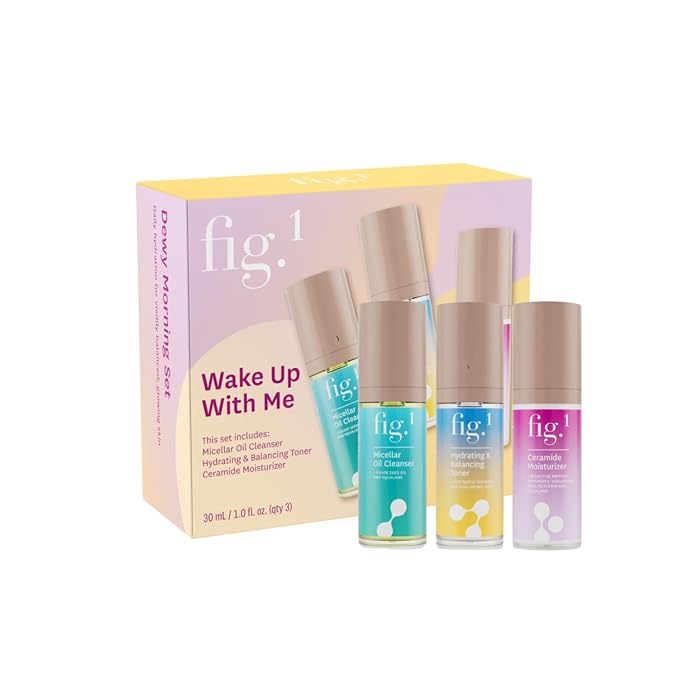 Fig.1 Dewy Morning, Daily Hydration Skincare Gift Set - Travel & Trial Size - Includes Micellar Oil Cleanser (30ml), Hydrating & Balancing Toner (30ml) & Ceramide Moisturizer (30ml)