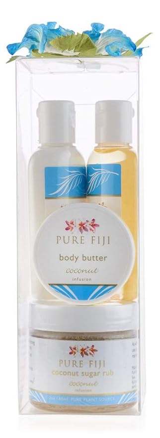 Pure Fiji Spa Gifts for Women and Man - Body Gift Box Include: Sugar Scrub, Bath and Body Oil, Body Butter and Body Lotion, Scent Coconut