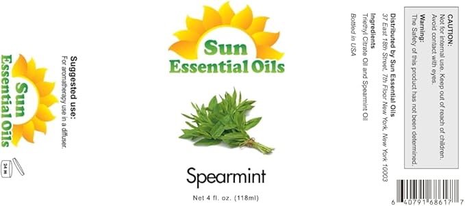 Sun Organic Spearmint Essential Oil 4 Fluid Ounces for Diffuser, Spearmint Aromatherapy and Candles