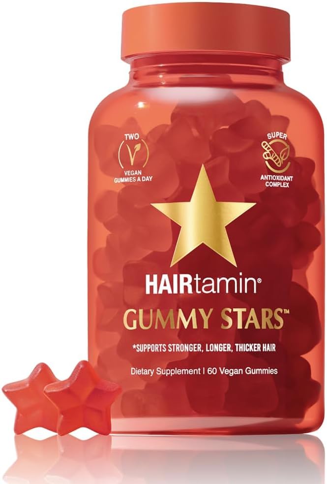 HAIRtamin Vegan Gummy Stars Hair Vitamins | Non-GMO | All Natural Biotin Hair Vitamin Gummies to Maintain Healthy Hair Skin & Nails | Multivitamin Supplement