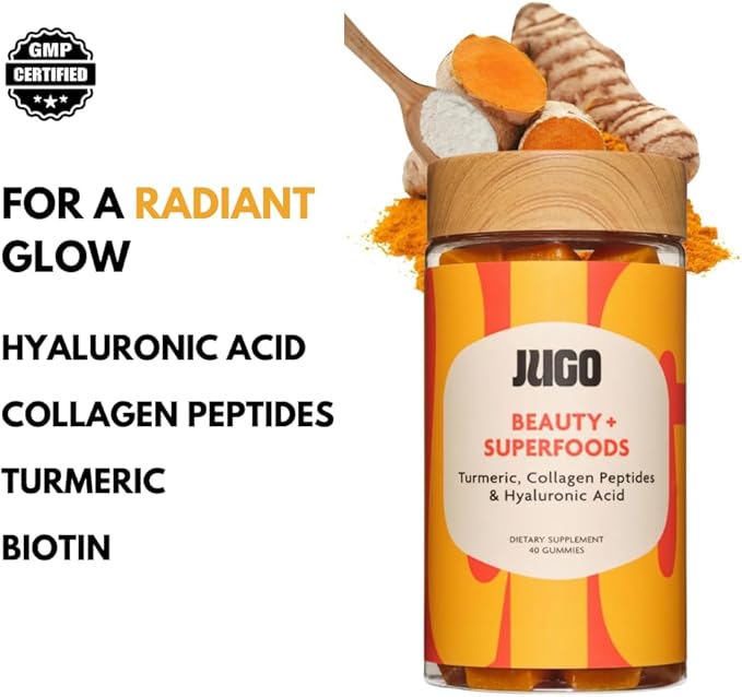 JUGO Beauty + Superfood Gummies | Biotin Collagen for Hair, Skin, and Nails | Biotin 2500 mcg & Hyaluronic Acid | 40 Count | Gelatin-Free, Non-GMO