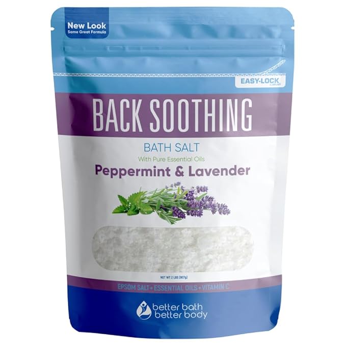 Back Soothing Bath Salt 32 Ounces Epsom Salt with Natural Bergamot, Lavender, Eucalyptus and Peppermint Essential Oils Plus Vitamin C in BPA Free Pouch with Easy Press-Lock Seal