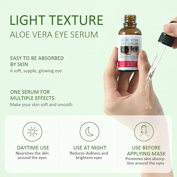 Aloe Vera Eye Serum for Dark Circles,Deeply Moisturizing,Anti Aging, Smooth Fine Lines and Crows Feet,Tightening and Lifts Eye Skin,Enhance Skin Elasticity,Fragrance Free(1 OZ)