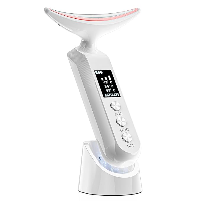 Facial Neck Massager Portable Charging Dock - 3 Heat Settings, Vibrating Face Massage, 9-Color LED Light & 72Hrs Battery | Home Spa Travel Skincare - White
