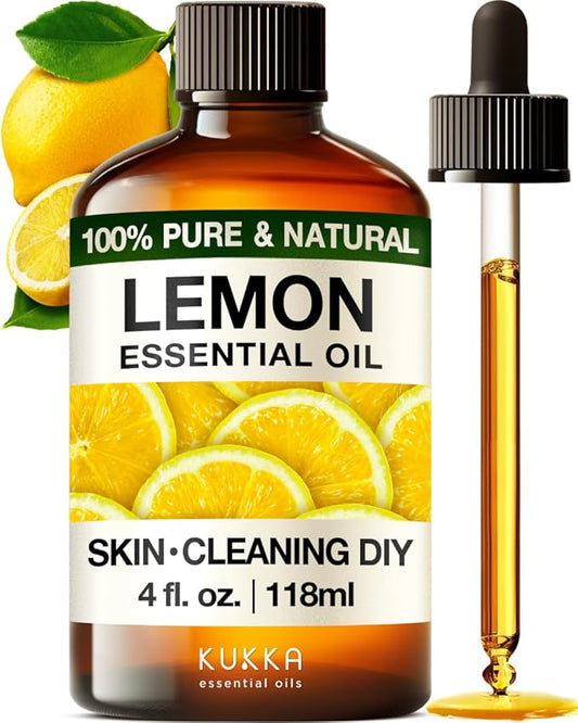 Kukka 100% Pure Lemon Essential Oil - 4 Fl Oz, Natural Fresh Lemon Scent for Diffuser, Aromatherapy, Skin Cleaning & DIY Soap Making - Ideal Mother's Day Gift for Relaxation & Self-Care