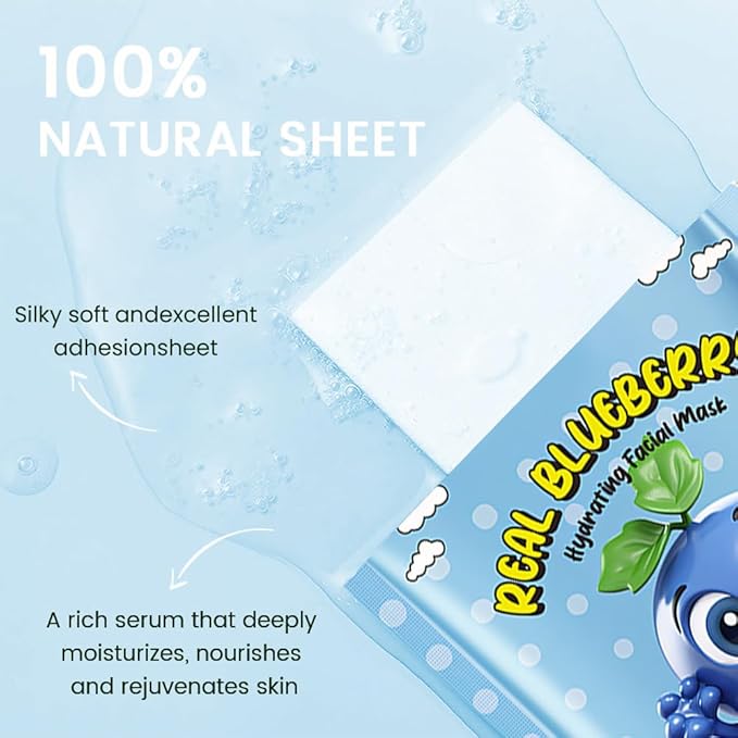 Kaely 10 Pack Blueberry Face Masks for Kids, Kids Face Mask Spa Day kit Supplies, Spa Party Favors for Teens Girls Women, Sheet Facial Mask Skincare Gifts Set, Moisturize for All Skin Types, 07