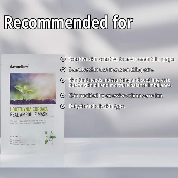 Daymellow Sheet Mask 5PACK, Houttuynia Cordata Real Ampoule Masks, Face Sheet Mask, Heartleaf, Panthenol, Tea Tree, Hydrating, Acne, Soothes, Redness, Deep Moisturizing, Korean Skincare