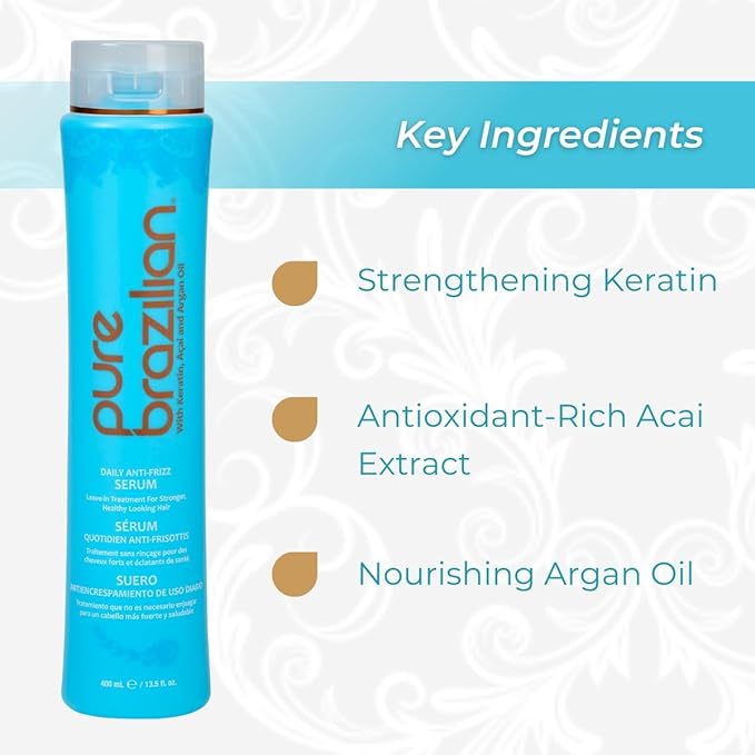 Pure Brazilian Anti-Frizz Daily Leave-In Serum, Strengthening Hair Treatment to Fortify & Protect from Heat & UVA/UVB, 13.5 Ounce (400 Milliliter)