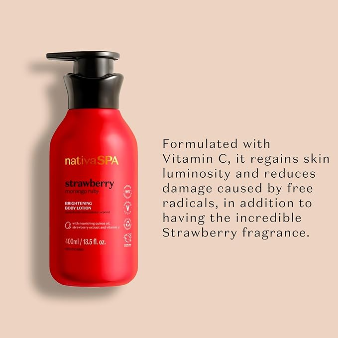 Nativa SPA by O Boticário, Ruby Strawberry Antioxidant Body Lotion, Brightening Vitamin C and Nourishment for Radiant Skin, 13.5 Ounce