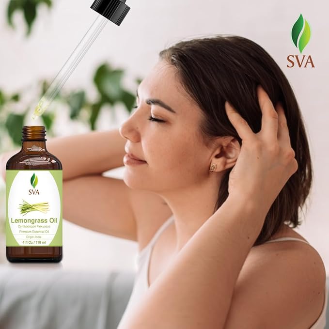 SVA Lemongrass Essential Oil – 4 Fl Oz – 100% Natural Lemongrass Oil - for Diffuser, Hair Care, Face, Skin Care, Aromatherapy, Scalp and Body Massage, Soap and Candle Making - with Dropper