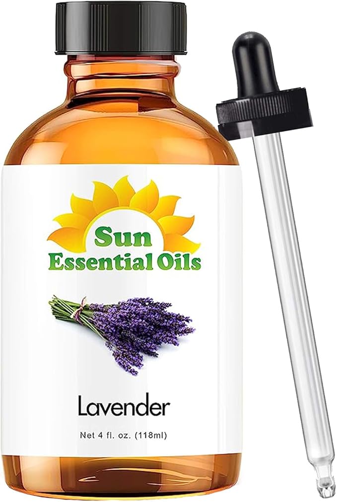 Sun Essential Oil - Lavender Essential Oil 4 oz (118 ml) with Dropper for Diffuser, Humidifier, Skin, Aromatherapy Massage, Scented for Soap & Candle Making at Home, Calming Aroma for Sleep