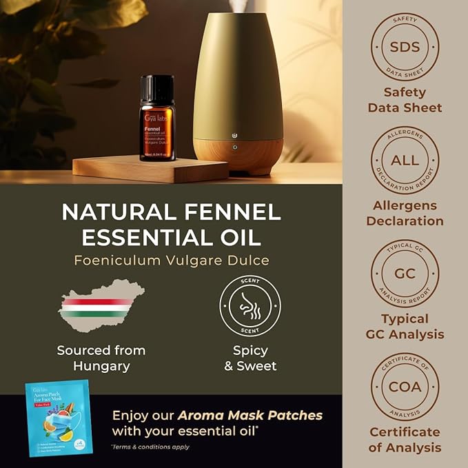 Gya Labs Fennel Essential Oil for Diffusers - 0.34 Fl Oz - 100% Pure Natural Fennel Oil for Aromatherapy, Skin, Candles Making - Sweet, Peppery, Refreshing Scent