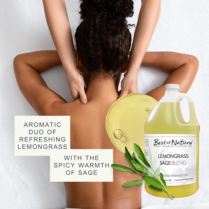 Best of Nature Lemongrass and Sage Massage Oil Blend - Non-Greasy Aromatherapy Massage Oil for Body, Skin & Face, Crafted with Pure Essential Oils, Gallon (128 fl oz)
