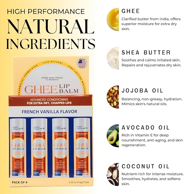 All Natural Lip Balm For Very Dry Lips | Hydrating & Moisturizing Lip Balm with Shea Butter, Ghee, Jojoba Oil, Coconut Oil | Chapped Lips & After Sun Care | BioSerene (4.5 gms/tube, French Vanilla)