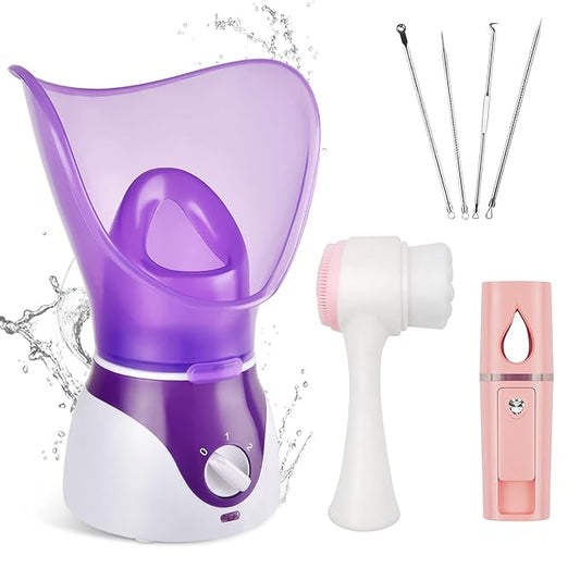 Facial Steamer - Nano Ionic Face Steamer for Deep Cleaning, Hot Mist Face Humidifier Set for Women & Men, Moisturizing Cleansing Pores with Blackhead Remover Kit, Purple