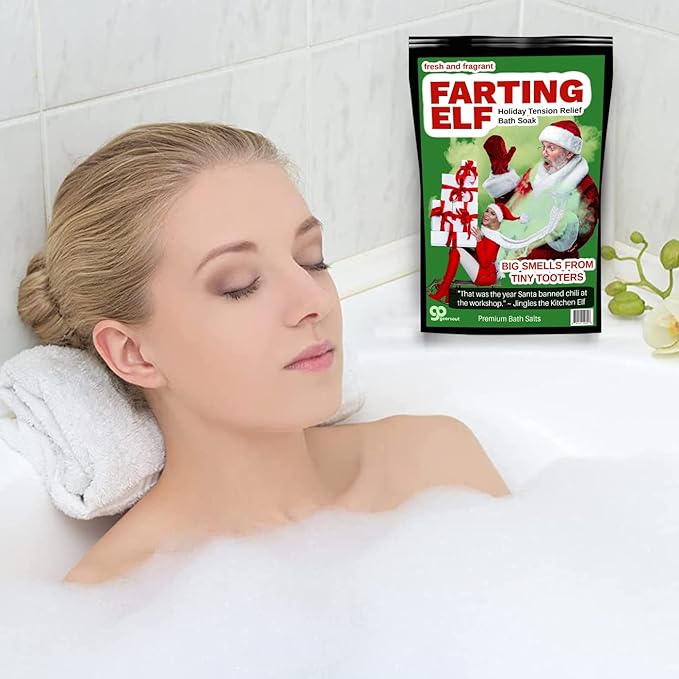Farting Elf Bath Salts Soak - Holiday Stress Relief Gag Gift for Adults - Funny Christmas Gifts for Friends - Fresh and Fragrant White Elephant Stocking Stuffer, Pink Rose