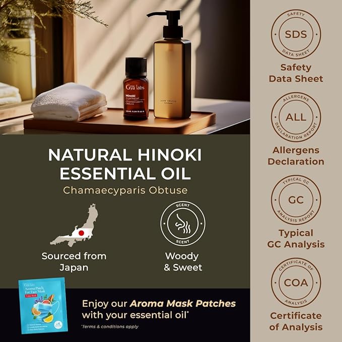 Gya Labs Hinoki Essential Oil for Diffuser & Skin - 0.34 Fl Oz - 100% Pure Natural Hinoki Oil for Hair, Massage, Aromatherapy Spray & Candle Making Scent DIY