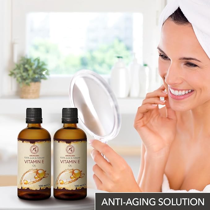 Vitamin Oil E 200ml - Tocopherol - 100% Natural & Pure - Rich in Vitamin E - Anti Aging Oil Against Wrinkles of All Kinds - Care for Face - Body Care - Hair - Ideal for Sensitive Skin, 2 bottles of 100 ml