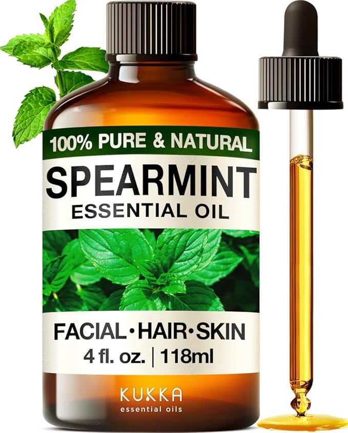 Kukka Spearmint Essential Oil for Facial Hair & Skin Care - 4 Fl Oz, 100% Pure Natural Aromatherapy Oil for Mother's Day Gifts, Diffusers, Bath Bombs, Soaps & Candles - DIY & Soap Making