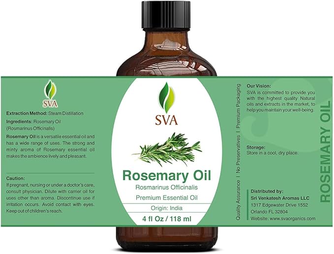 SVA Rosemary Essential Oil – 4 Fl Oz – 100% Natural Rosemary Oil for Hair, Face, Skin Care, Diffuser, Aromatherapy, Scalp, Body Massage, Soap and Candle Making – with Dropper