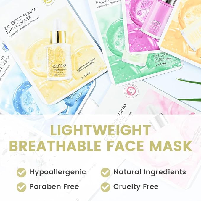 Face Sheet Mask Skincare,Hydrating Spa Face Mask For Sensitive Skin,Moisturize,Nourish for All Skin Types,Natural Skin Care Spa Face Mask for Women Men Girls,Pack of 6