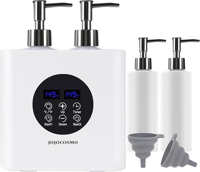 New Dual Control Massage Oil Warmer with Four Body Liquid Bottle Dispensers, Shampoo Heater Form 86 to 149 ℉, Reserve Heating time, for Salon, Home,SPA Essential Oil Lotion Warmer
