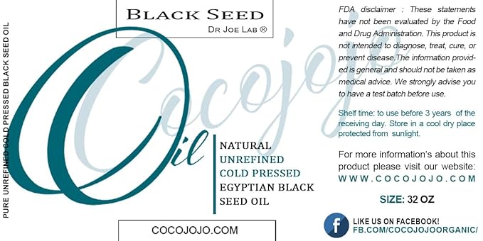 cocojojo 32 ounce Black Cumin Oil - Cold Pressed Pure Natural Black Seed Kalonji Oil Hair Beard Face Lips Joint