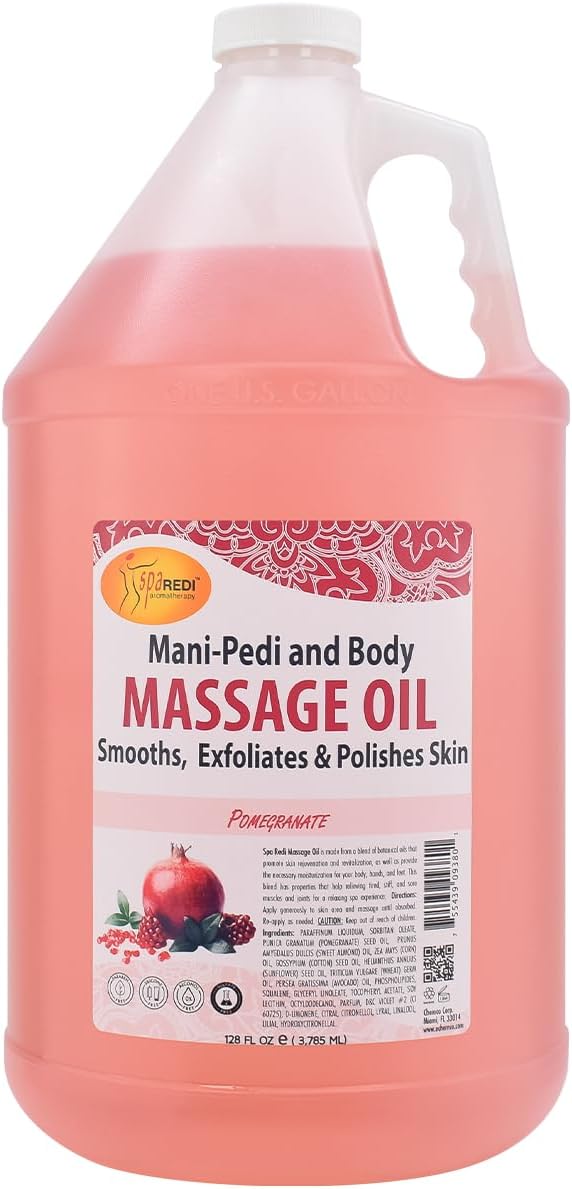 SPA REDI - Massage Oil, Pomegranate, 128 Oz - Professional Full Body Massage Therapy, Made with Almond Oil, Cotton Seed Oil, Sunflower Oil, Avocado Oil, Essential Oils and Vitamin E