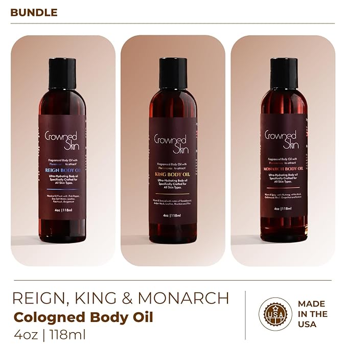 King, Reign, and Monarch Cologned Body Oil Bundle | Sensual, Nautical, & Spicy Scents | Infused with Organic Shea & Mango Butters | Moisturizing Formula with All-Day Fragrance