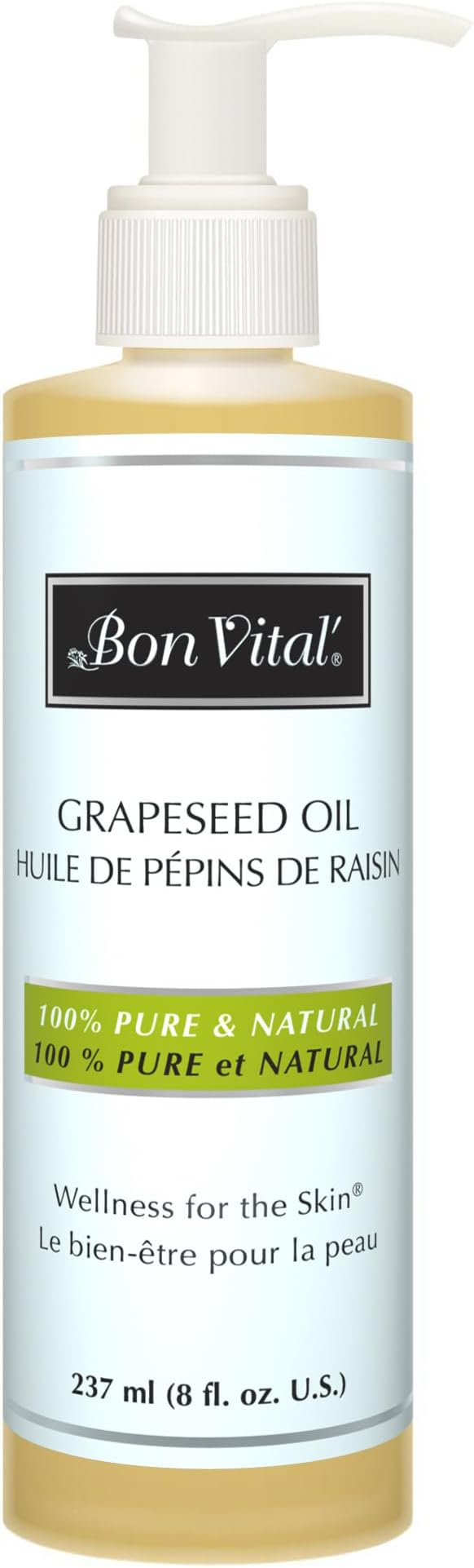 Bon Vital' Grapeseed Oil, 100% Pure Skin Toner and Massage Oil, For Hair Care, Aromatherapy, and Massage, Helps Reduce Wrinkles and Prevents Premature Aging, Skin Moisturizer, 8 Oz, Label may Vary